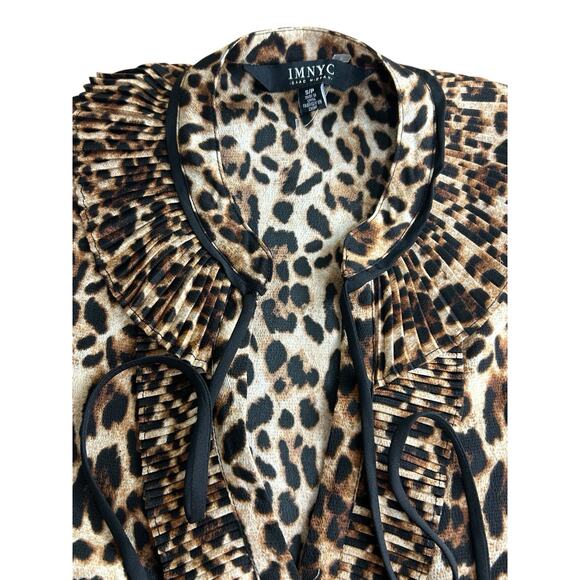 IMNYC Isaac Mizrahi Animal Print Blouse Sz S V-Neck Long-Sleeve Pleated Collar - Picture 2 of 8